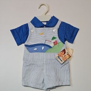 Vintage Blue and White Fishing Themed Romper, It's By Thomas